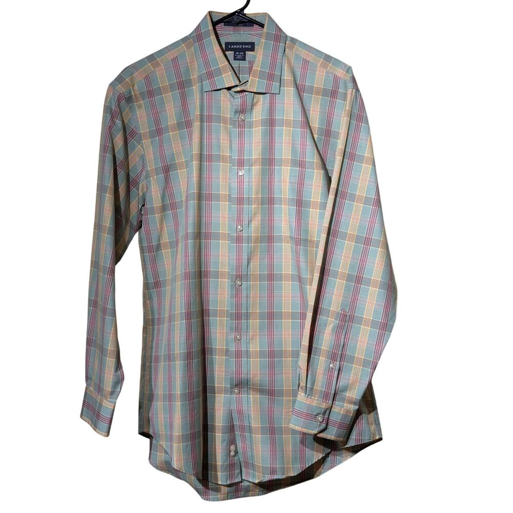 Lands' End Mint Plaid No Iron Tailored Fit Button Front Mens' Size 16-33 Shirt